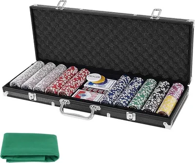 Imagen del producto de Juego de póker profesional con 500 fichas de póker láser, maletín de aluminio, 2 mazos de cartas, 5 dados, 3 botones de crupier y mantel. Juego de póker (negro)