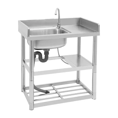 Productafbeelding van RVS keukenkraan, zilverkleurig, enkele spoelbak, keukenkraan met één spoelbak, vrijstaand model, geschikt voor keukens, restaurants en bars, maximaal draagvermogen: 100 kg