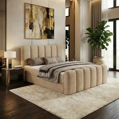 Produktbild von Boxspringbett NOLA 180x200 cm mit Bettkasten inkl. Bonell-Federkernmatratze H3 und Topper – Bouclé-Stoff LAMBI Beige