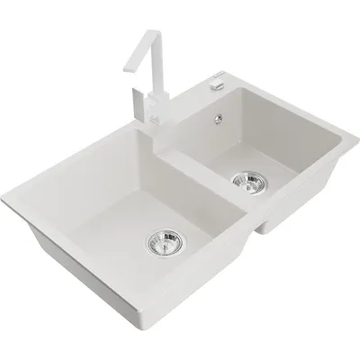 Obrázek produktu pro Mexen Tomas 2-miskový granitový dřez s kuchyňskou baterií Rita, Bílá - 6516-20-670300-20