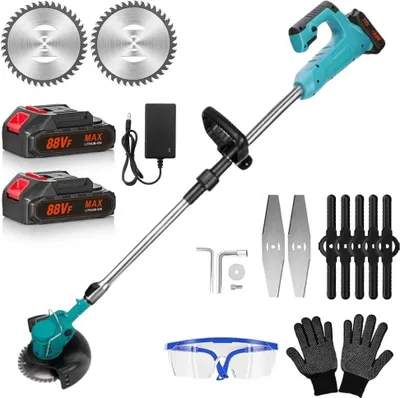 Produktbild von Akku-Rasentrimmer, elektrischer Rasenmäher, mit 2 Akkus und Ladegerät, 180° Schnittwinkel, Zusatzgriff, klappbar, blau