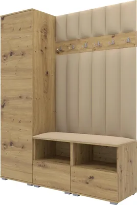 Produktbild von Garderoben-Set Nela II LUX, gepolsterte Garderobe 150 cm mit Doppel-Sitzbank, Wandpaneelen und Stauraum (Farbe: Artisan Eiche + Trinity 04)