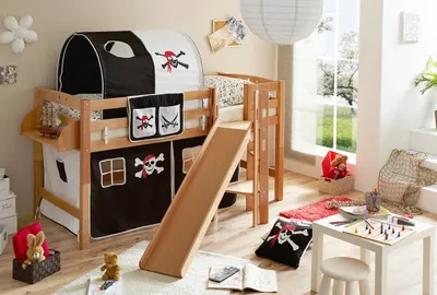 Produktbild von Podestbett mit Rutsche "Tino" Buche Natur Motiv (Pirat Schwarz-Weiß)
