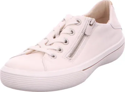 A white leather sneaker with a zipper detail is shown against a white background.