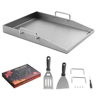 Produktbild von Edelstahl Grillplatte mit Grillspachtel Plancha Set für Gasgrill und Holzkohlegrill Grill Zubehör BBQ