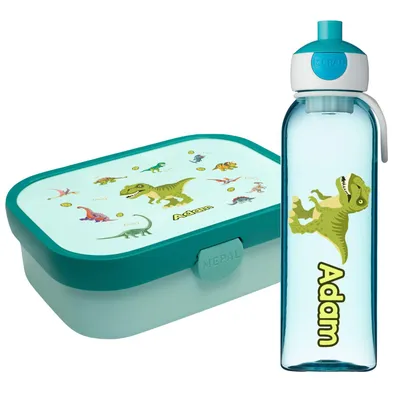 Produktbild von Lunchbox Set für Kinder Jungen zur Schule Personalisiert mit Namen Brotdose Wasserflasche Trinkflasche BPA frei Essen für Unterwegs mit Gabel und Bento Fach To Go Dino [153]