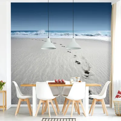 Produktbild von Fototapete Strand - Vliestapete - Bildtapete UV-beständig Meerblick blau 3D-Effekt Motiv Wandtapete geruchsfrei