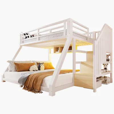 Produktbild von Merax Etagenbett 90x200 cm + 140x200 cm, Kinderbett mit LED Beleuchtung, Treppe mit Stauraum, Metallbett mit Geländer, Jugendbett, Stockbett, Weiß