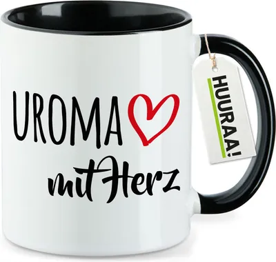 Produktbild von Huuraa Kaffeetasse Uroma mit Herz 330ml Schwarz Keramik Kaffeebecher Geschenkidee