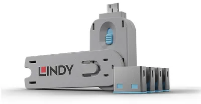 Zdjęcie produktu dla Lindy 40452, Blokada portu + klucz, USB Typu-A, Niebieski, Kopolimer akrylonitrylo-butadieno-styrenowy (ABS), 5 szt., Torebka foliowa