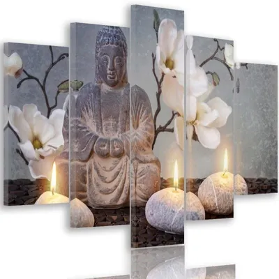 Produktbild von 5-teiliges leinwandbild buddha 150x100 cm Feeby grau wandbild bereit zum aufhängen