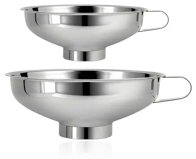Immagine prodotto di Set di due imbuti in acciaio inossidabile, con manico, ideali per la cucina, per versare marmellate, liquidi, oli, polveri, caffè e altri ingredienti