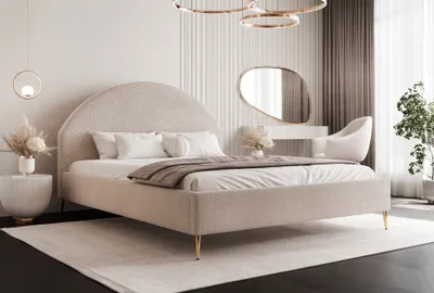 Obrázok produktu pre BESILIO Spálňová posteľ 180x200 Velora II - Posteľ s úložným priestorom, okrúhle tvary, štíhla, rám - Boucle látka - Tmavo béžová & Quelle 5