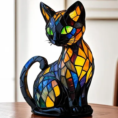 Produktbild von Katzen Lampe, Katzenlampe Mosaik, Nachttischlampe, USB Nachtlicht Katze mehrfarbig, vintage buntglas lampe, Bedside lamp, Schlafzimmer Deko Geschenk