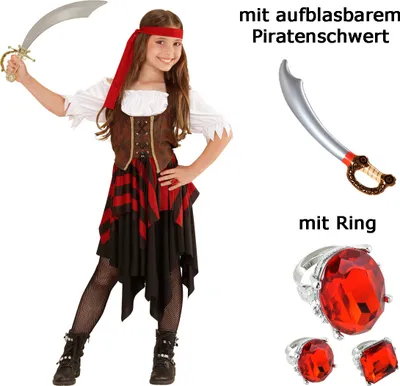 Produktbild von Kinder-Kostüm Abenteuer Piratin -  Piratenkostüm mit Ring + Schwert M - 140 cm