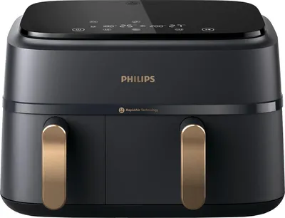 Produktbild von Philips Airfryer Dual Basket 3000 Series, 9L, 2 Körbe, 2 Gerichte gleichzeitig fertig, RapidAir Plus Heißlufttechnologie, 90% weniger Fett, Energieeffizient, HomeID Rezepte-App (NA352/00)