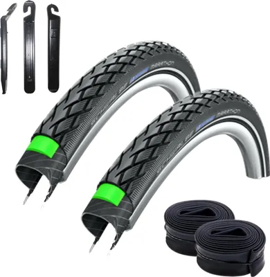 Produktbild von 2 x Schwalbe Marathon Green Guard Fahrradreifen mit Reflex 37-590 - (26 x 1 3/8) + 2 x Schwalbe Schläuche AV12 inkl. Reifenheber