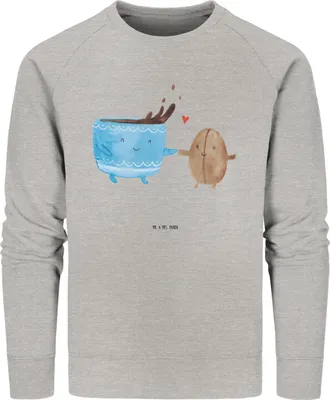 Produktbild von Mr. & Mrs. Panda Baumwoll Pullover Kaffee Bohne Größe S - Heather Grey - Geschenk, Nachhaltiges Sweatshirt, Lustige Sprüche, Pulli, Glück, Sweater, Genuss, Zufriedenheit