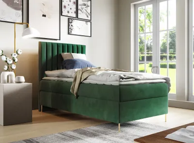 Produktbild von Sofello Boxspringbett 90 x 200cm mit Bettkasten TOPPER 5cm Gratis Grün Velour hohe goldene Beine