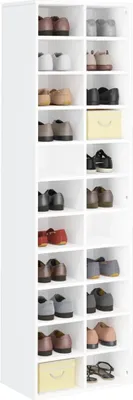 A white shoe cabinet filled with various shoes and a yellow storage box.