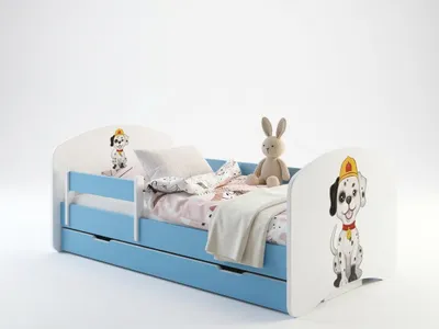Immagine prodotto di Lettino blu 140x70 completo di spondina di sicurezza, materasso e cassetto | Lettino sicuro per bambini con spazio contenitivo: Cane / Pompiere