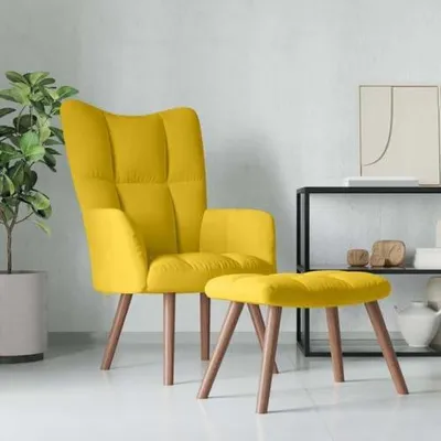 Produktbild von Senfgelber Relaxsessel mit Hocker, Samtbezug und Holzbeinen, Polstersessel mit quadratischer Steppung für Wohnzimmer und Schlafzimmer