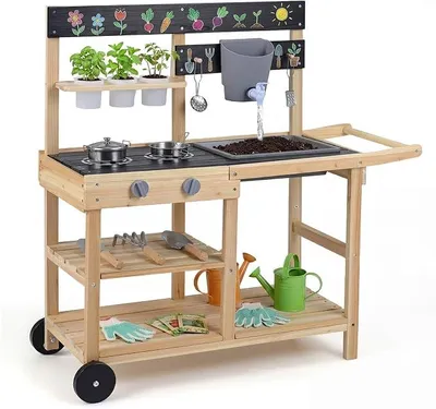Produktbild von Matschküche Kinder Outdoor, Spielküche mit Wassertank & Wasserhahn | Kinderküche mit Rädern, Spüle, 3 Blumentöpfen, 2 Herd & Kochzubehör, Gartenspielküche für Kinder ab 3 Jahren