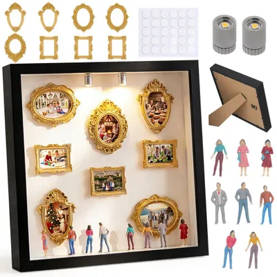 DIY Mini Museum Fotolijst, schwarz, mit LED und Figuren