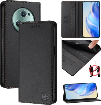 Produktbild von Lederhülle für Honor Magic5 Pro Hülle Flip Brieftasche Kartenfächern Ständer Schutzhülle Schwarz