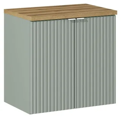 Produktbild von Badezimmer-Set ELVINA 60cm: Unterschrank mit Schränken in Salbeigrüngrau + Arbeitsplatte für Waschbecken in dunkler Holzoptik