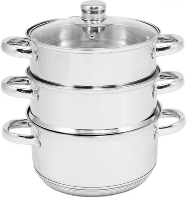 A stack of three stainless steel pots with a glass lid on top.