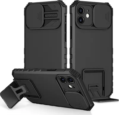 Produktbild von iPhone 12 Hülle, Dual Layer Ständer Schutzhülle mit Schiebe Kamera Schutz für iPhone 12 Schwarz