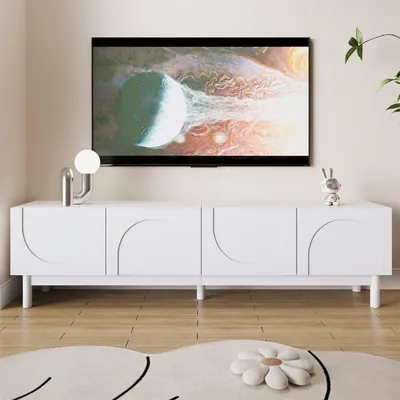 Obrázek produktu pro TV stolek, nízká komoda do obývacího pokoje s vlnitými dvířky, rozměry 169x34x45,5 cm, bílá barva