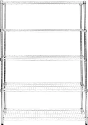 Image de Étagère en fil métallique à 5 niveaux, robuste et autonome, avec étagères et pieds réglables en hauteur. Multifonctionnelle : cuisine, bureau, garage, garde-manger. Finition chrome argenté. Capacité de charge : 1 000 kg. Dimensions : 45 x 150 x 180 cm