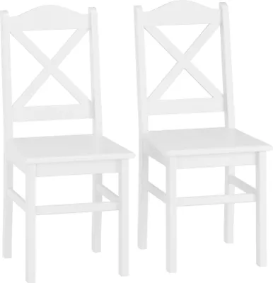 Two white wooden chairs with an 'X' design on the backrests are shown against a white background.