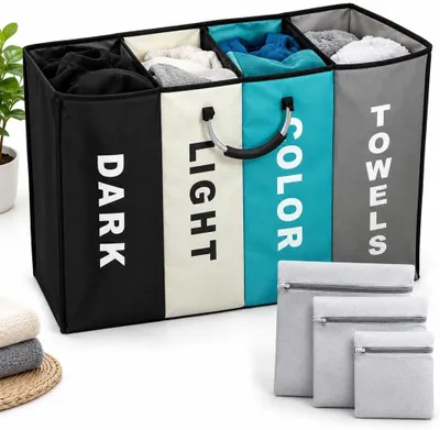 Image de Panier à linge avec 4 compartiments, pour le tri des vêtements, 1 pièce, pour le linge