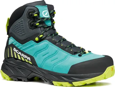 Wanderschuh für Damen "Rush Trek GTX Wmn" von Scarpa in Türkis und Schwarz mit gelben Akzenten.