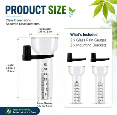 Imagen del producto de Dos pluviómetros de vidrio borosilicatado, de 35 mm de diámetro, con una escala precisa para uso en jardines