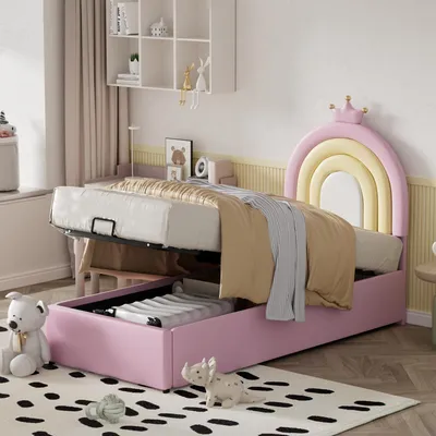 Image de MODFU Lit Coffre 90x200 cm - Lit Coffre Simple Enfant avec Tête Arc-en-Ciel, Coffre Intégré, Dosseret Ajustable, Sans Matelas - Rose