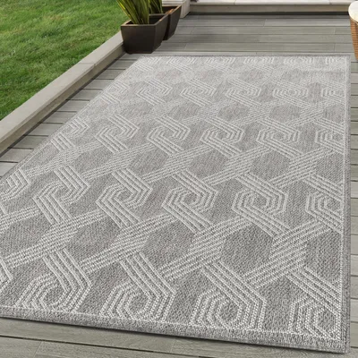 Produktbild von In & Outdoor Teppich Geometrisch Design Wetterfest für Terrasse Balkon Küche, Farbe:Grau, Grösse:240x340 cm