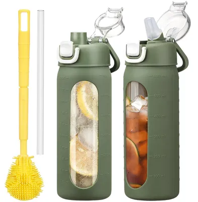 Immagine prodotto di Omgoods - Bottiglia da bere in vetro da 600 ml con cannuccia e rivestimento in silicone