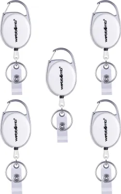 Produktbild von WEBBOMB 5x Ausweis Halter Weiss mit JOJO Gürtel Clip & Schlüsselring 5 Stück Set Kartenhalter Ausweisjojo für Betriebsausweis ID Badge Holder SkipassHalter Rollerclip