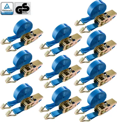 Produktbild von AREBOS Spanngurte mit Ratsche zweiteilig mit Haken | 10 Stück 800kg 6m | Ratschengurte | Zurrgurte | 25mm | 800 daN 0,8t | EN 12195-2 |
