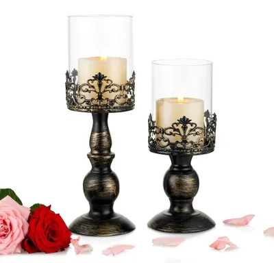 Immagine prodotto di Set di 2 candelabri antichi con paralume in vetro, adatti per candele a colonna