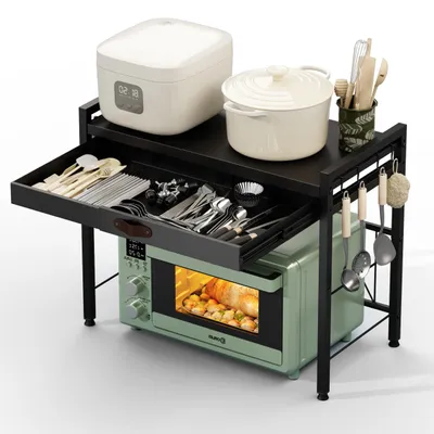 Mikrowellenregal mit Schublade, 2 Ebenen, ausziehbar, 40–60 cm, schwarz