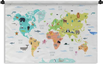Produktbild von MuchoWow® Wandteppich Wandbehang Weltkarte - Tiere - Kinder 120x80 cm Tapisserie Dekoration Wandtuch - Wanddekorationen - Wandtücher