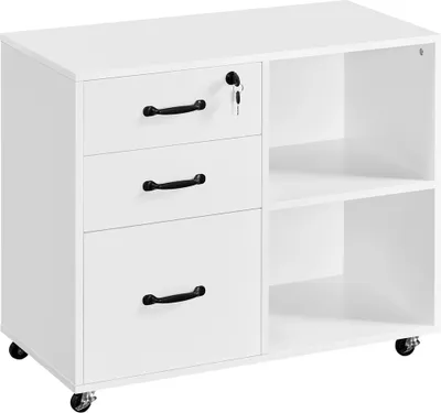 A white rolling filing cabinet with three drawers and two open shelves.