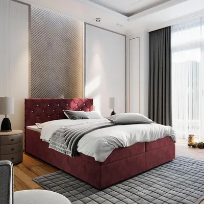 Produktbild von Masseno Boxspringbett RIVA 180x200 cm Komplett-Set mit Bonell Matratze und Topper, Polsterbett mit Bettkästen -Rot, MAGIC VELVET 2266