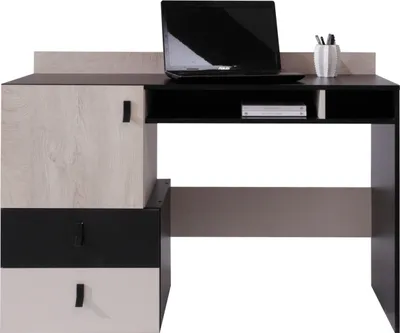 Produktbild von Furniture24 Schreibtisch Planet PL-9 mit 2 Schubladen und 1 Tür, Schülerschreibtisch, Arbeitstisch, Computertisch Schwarz/Eiche/Beige