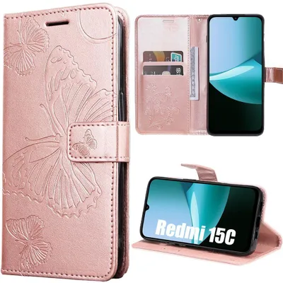 Image de Coque pour Xiaomi Redmi 15C 4G/5G, Protection Anti-Rayures Cuir Synthétique Rose Motif Papillon